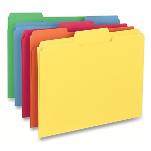 1/3 Cut Assorted File Folders 20 GR,Bl,Rd,Vi,Ye (100/Bx)